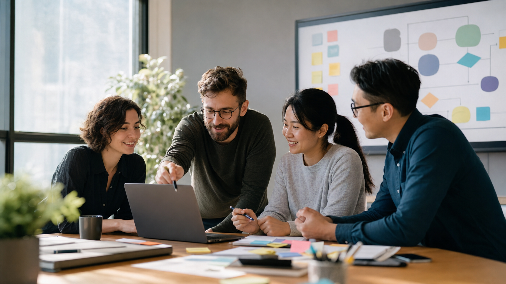 A team workshop around a laptop and workflow board, representing practical AI adoption at work