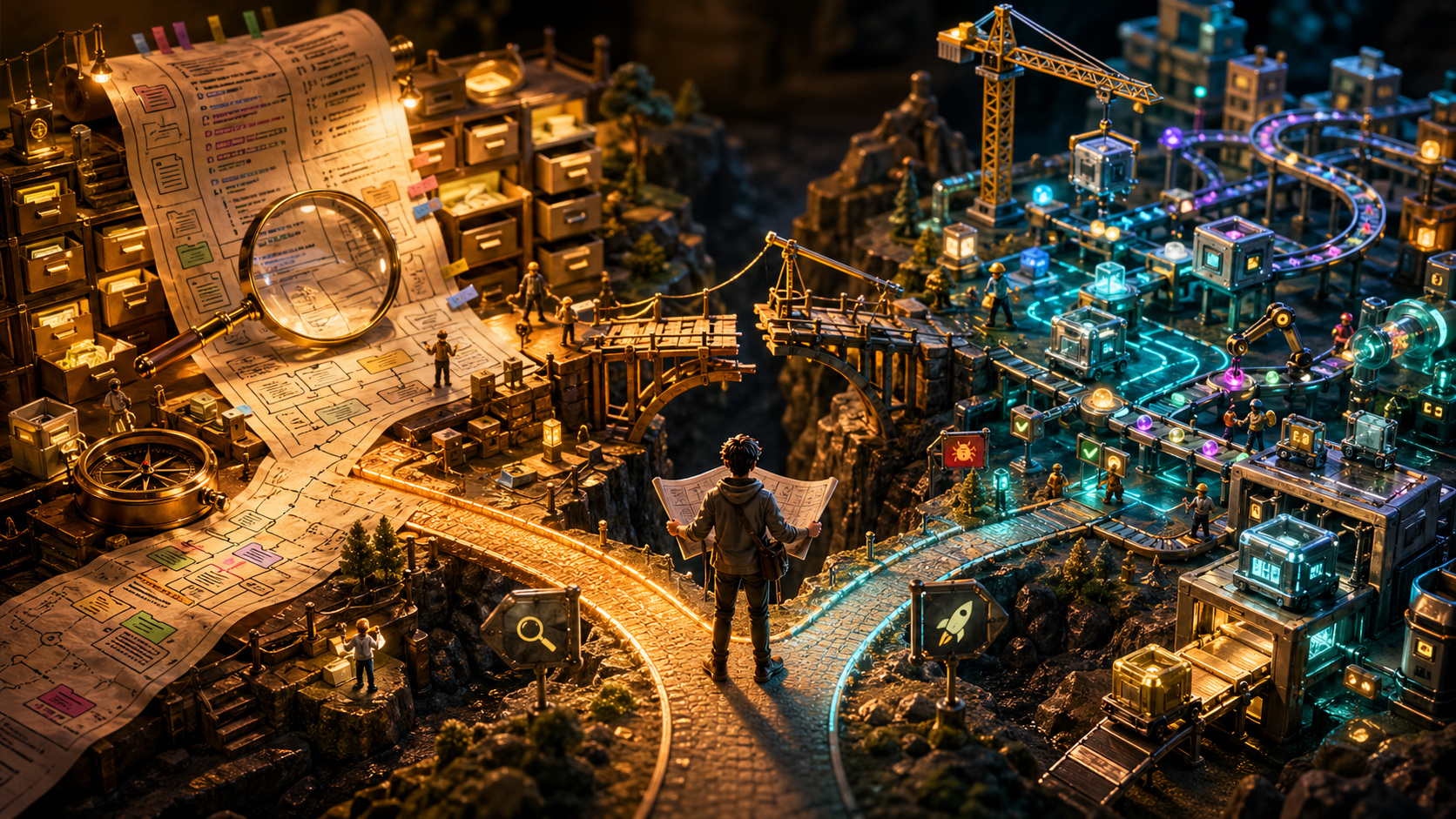 A playful miniature software city showing planning, coding, context, automation, and shipping as two paths